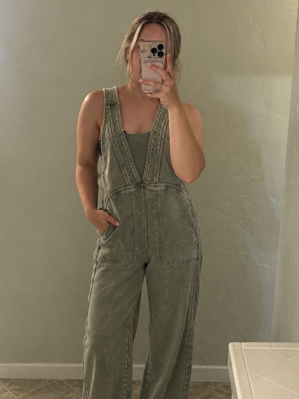 As revival Mineral Washed Jumpsuit in OLIVE size XS